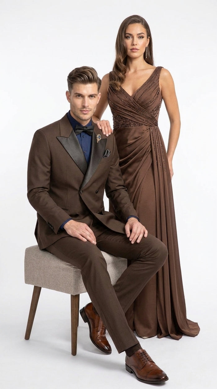 Men’s Brown Double Breasted Tuxedo – Satin Peak Lapel Formal Wedding & Prom Suit