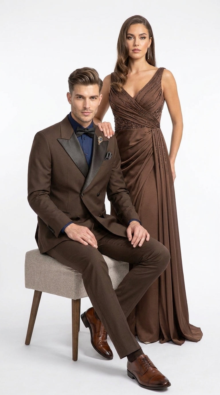 Men’s Brown Double Breasted Tuxedo – Satin Peak Lapel Formal Wedding & Prom Suit