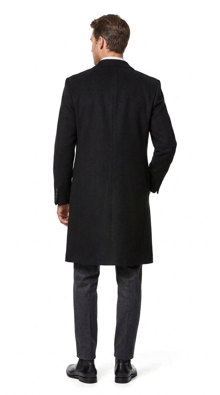 Men’s Big and Tall Black Cashmere Overcoat – Full-Length Winter Dress Coat for Business and Formal Wear - Coat Size 38
