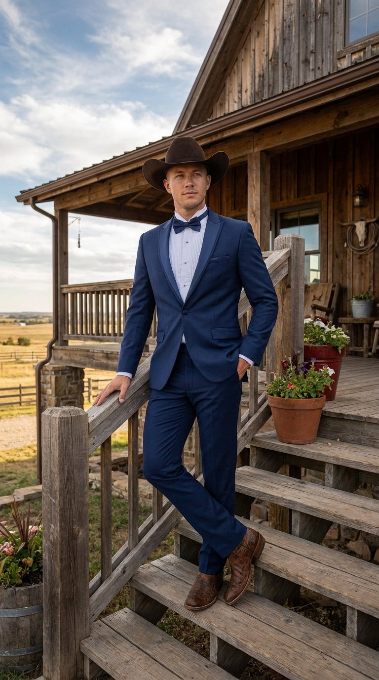 Men’s Saphire Indigo Blue Western Tuxedo Suit, Formal Wedding Prom Cowboy Tuxedo with Blue