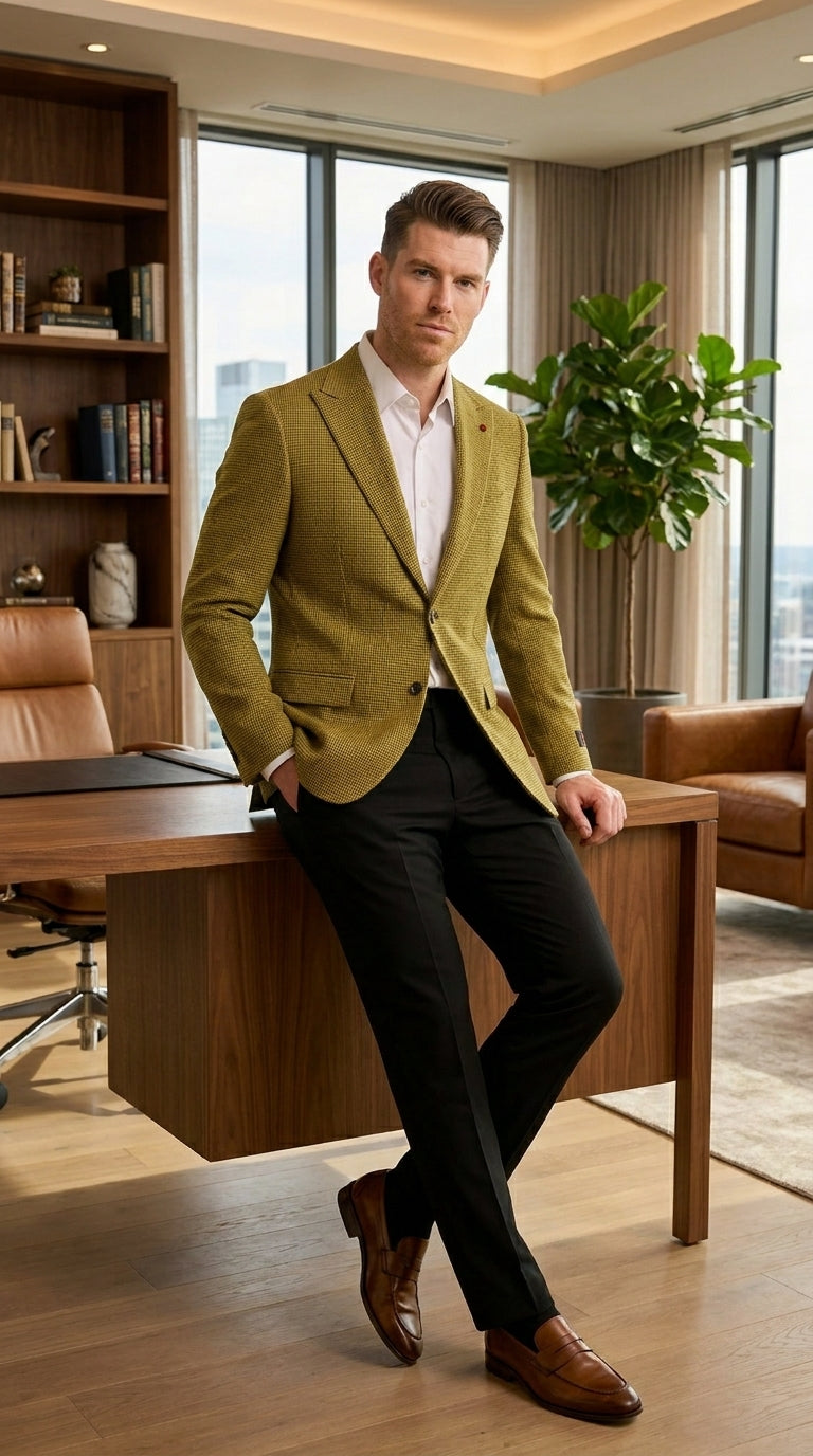 Men’s Mustard Gold Yellow Houndstooth Blazer Jacket, Check Pattern Formal Sport Coat for Weddings, Prom, Business 2 Buttons Modern Fit - 36 Short