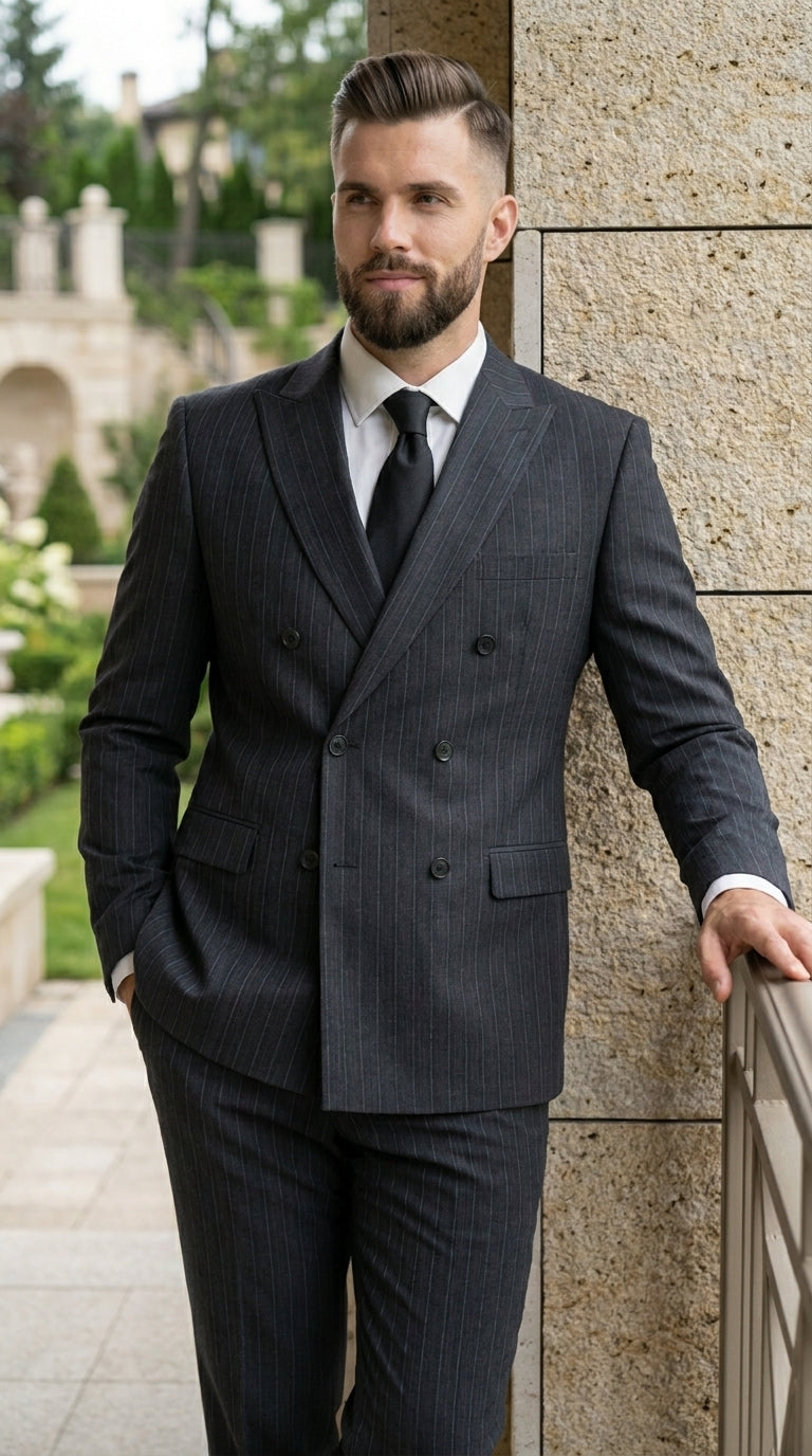 Men’s Black Pinstripe Double Breasted Suit – Classic Formal Business Suit Office and Evening Wear Modern Fit Conservative pattern - 34 Short or Extra Small