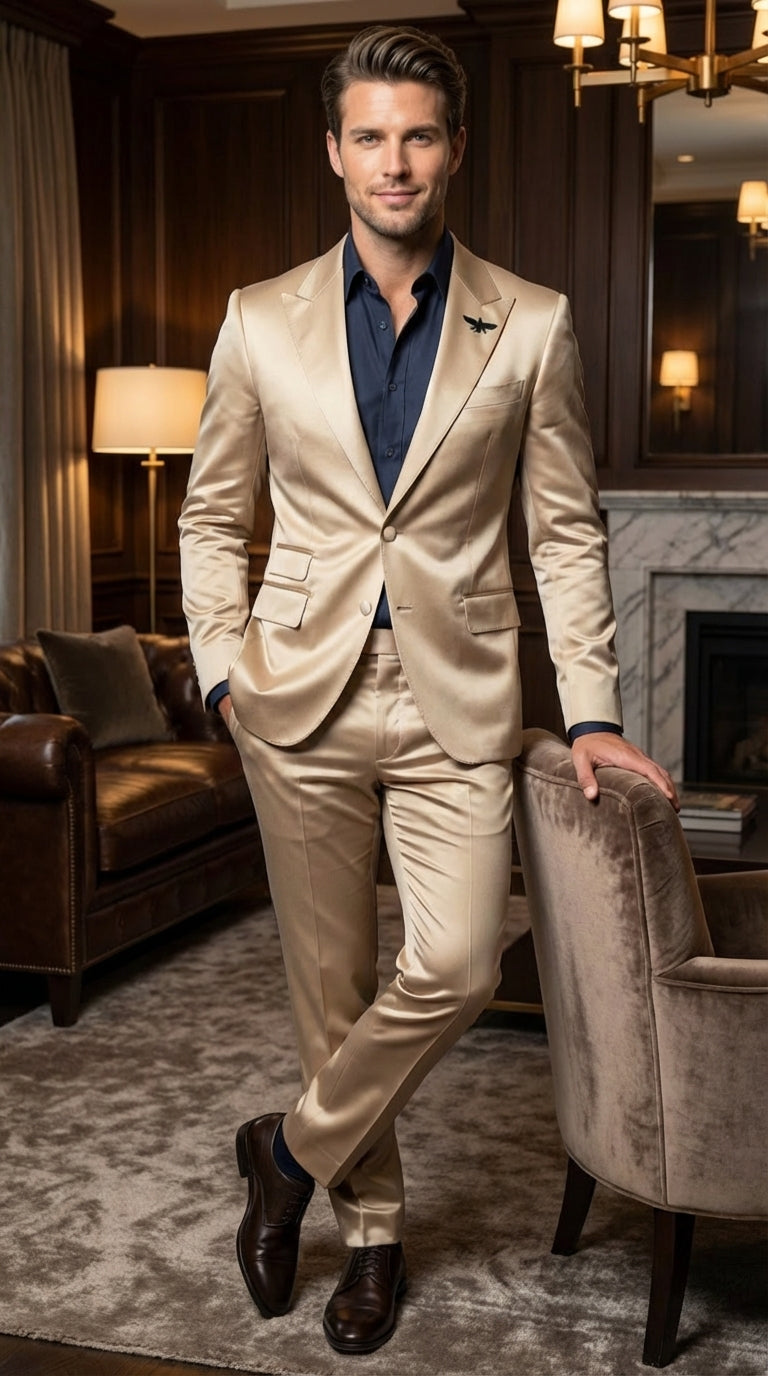 Mens Shiny Champagne Gold Two Piece Suit Luxury Formal Satin Finish Suit for Wedding, Party and Evening Wear