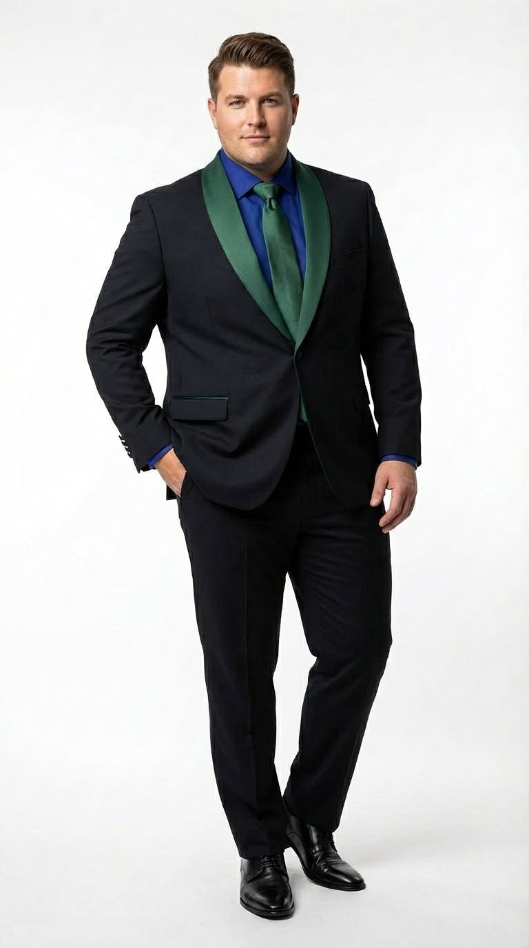 Men’s Black Suit with Hunter Green Shawl Lapel – Black and Hunter Green Formal Tuxedo Suit for Wedding, Prom With Bow Tie - 34 Short or Extra Small