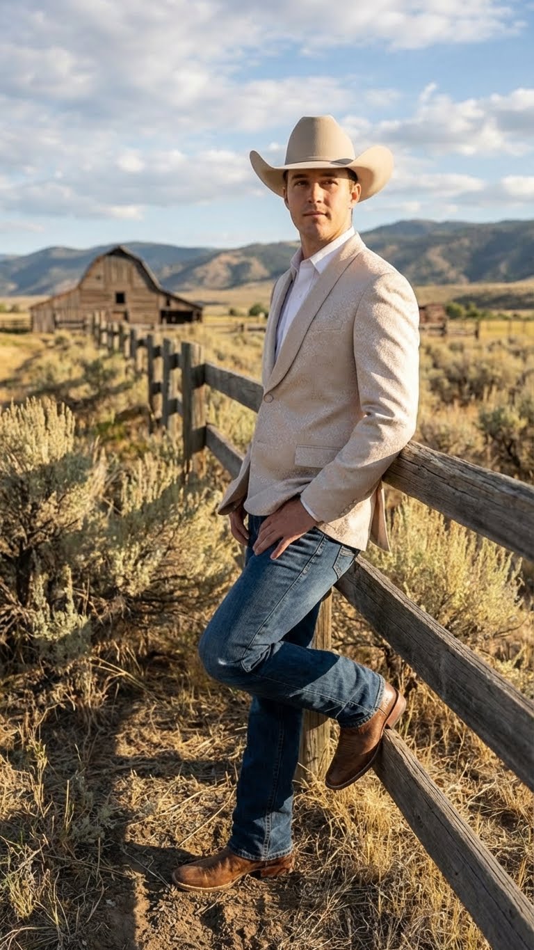 Men’s Tan Khaki Beige Cream Champaign Paisley Western Blazer Jacket, Embossed Dress Sport Coat for Wedding Party Rodeo Style - 36 Short