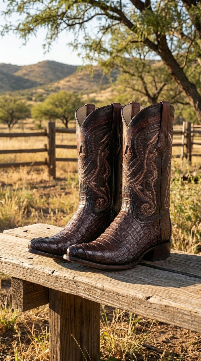 Men’s Los Altos Faded Brown Caiman Tail Cowboy Boots with Pointed Toe, Western Dress Boots
