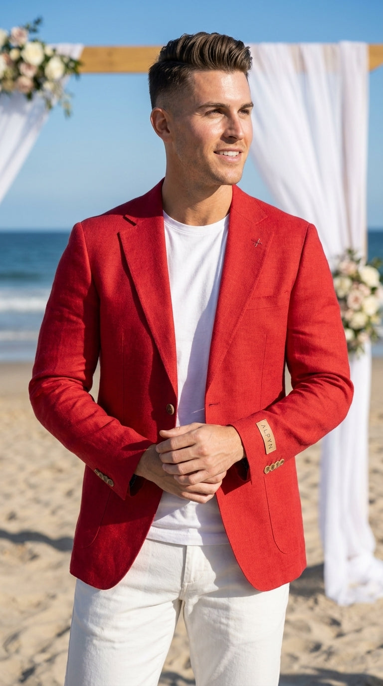 Men’s Red Linen Blazer – Two-Button Wedding, Business and Smart Casual Sport Coat - 36 Short