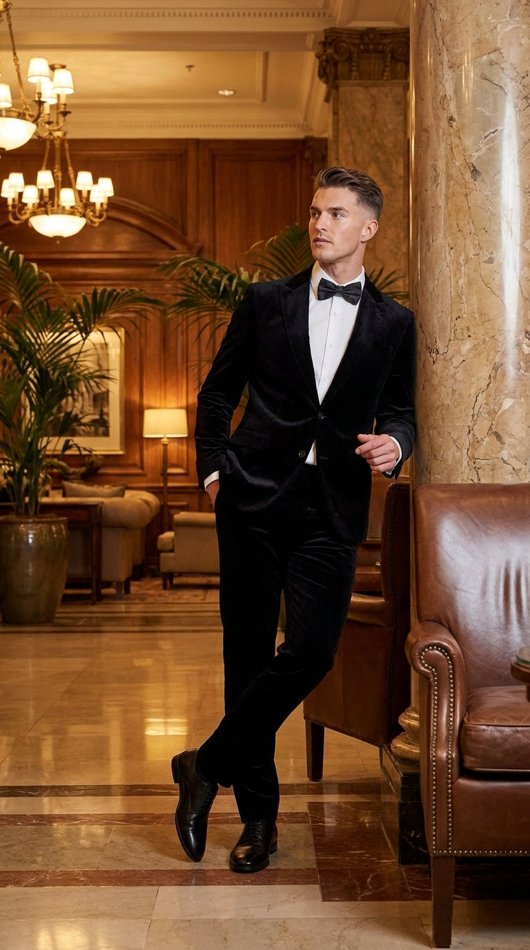 Men’s Black Velvet 2-Piece Suit – Notch Lapel Wedding, Prom and Formal Evening Suit - 34 Short or Extra Small