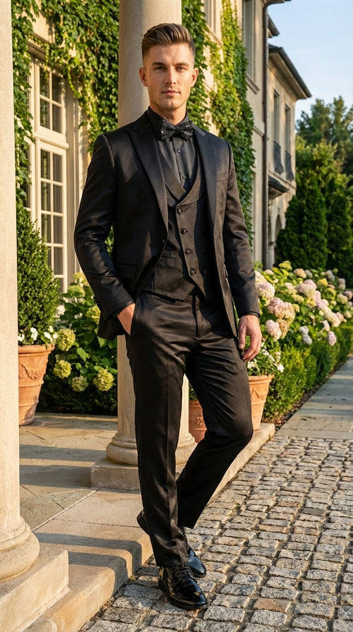 Men’s All Shiny Black Satin Suit – Black Satin Tuxedo Suit for Prom, Wedding, Formal Party and Evening Events Double breasted Vest