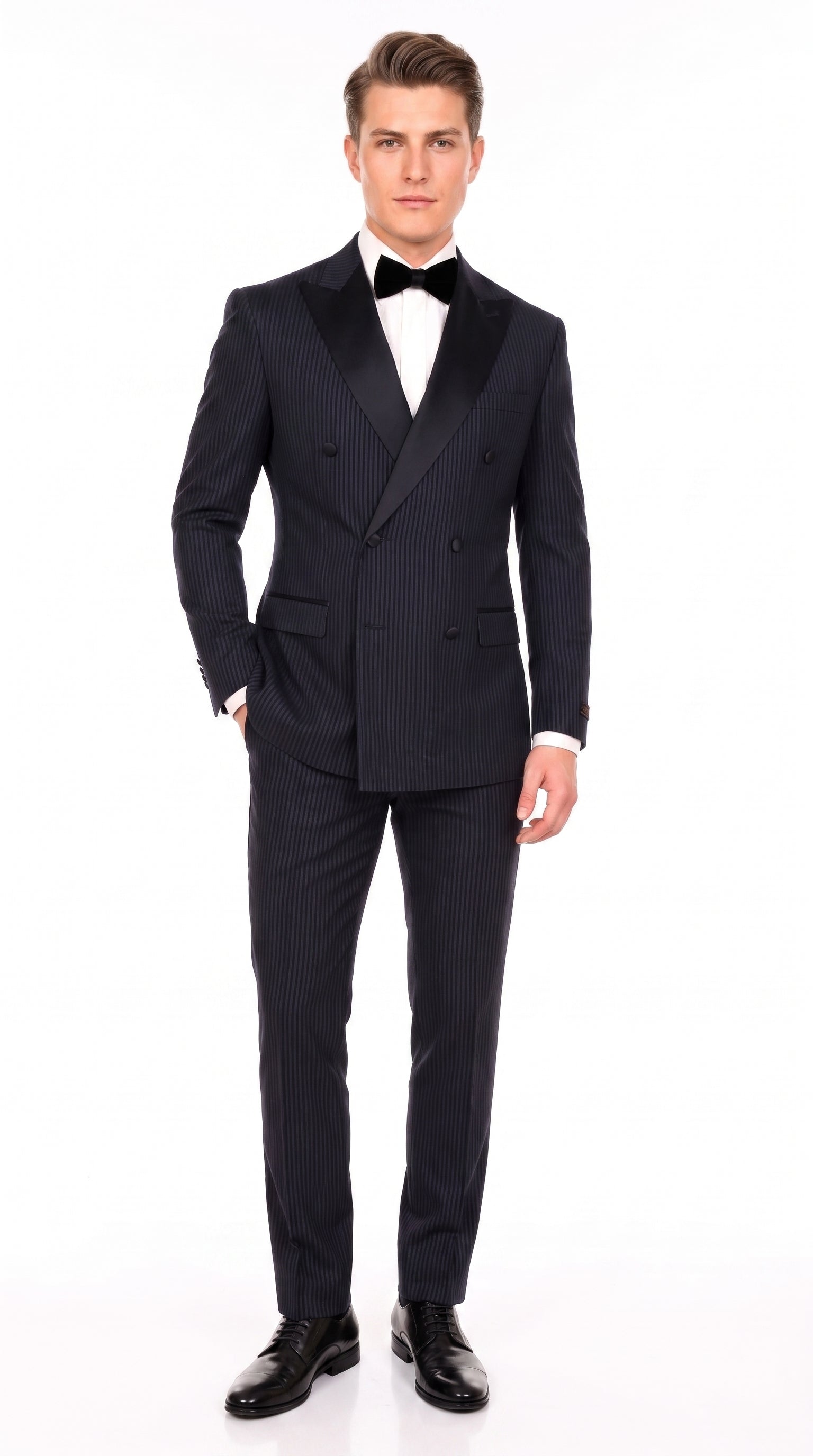 Men’s Navy Blue Double-Breasted Tuxedo – Tone-on-Tone Shadow Pinstripe Formal Wedding and Prom Suit - 34 Short or Extra Small