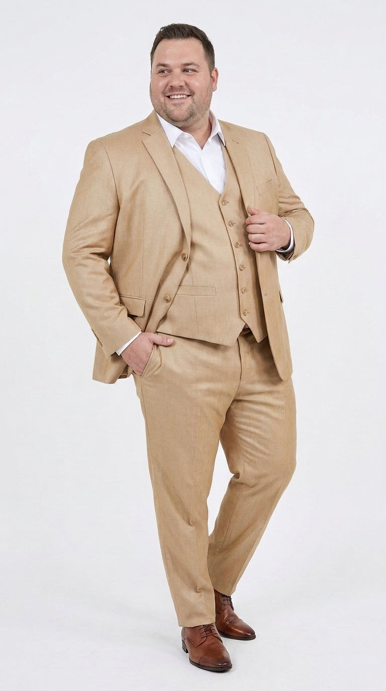 Men’s Camel Khaki Bronze Sharkskin 3-Piece Suit – Modern Wedding, Business and Formal Suit with Matching Vest - 34 Short or Extra Small