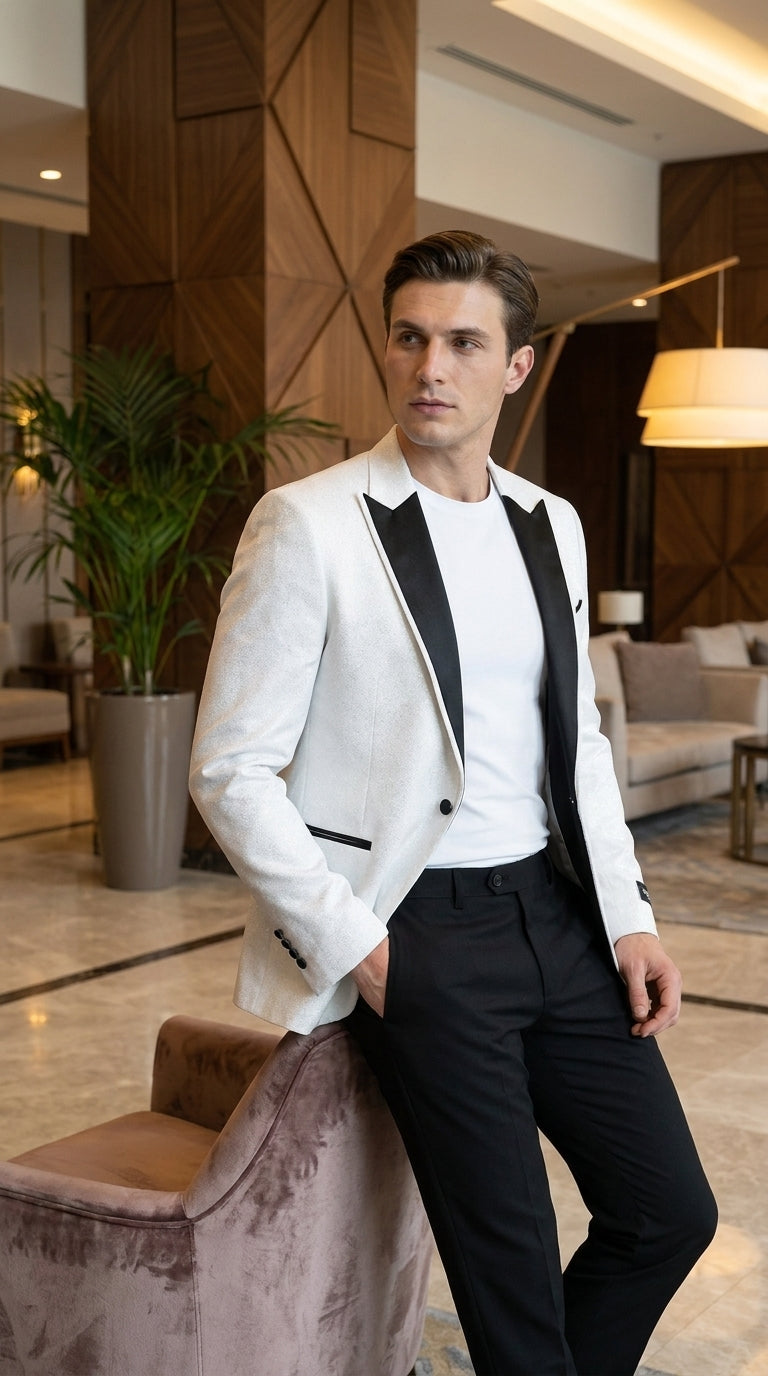 Men's White Sparkle Dinner Jacket – Black Satin Shawl Lapel Tuxedo Blazer   Slim Fit Sequin Shiny Prom Jacket - 34 Short or Extra Small