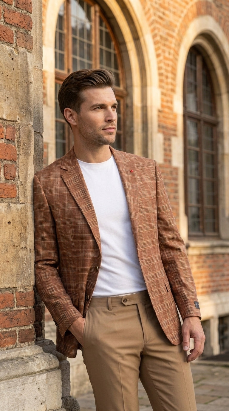 Vitali Men’s Rust Copper Brown Plaid Blazer with Tan Pants – Classic Windowpane, Business and Smart-Casual Birck color  Suit - 36 Short