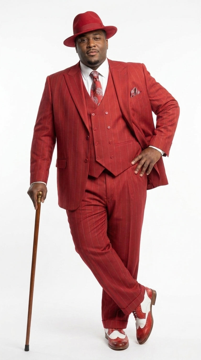 Men’s Red & White Pinstripe 3-Piece Suit by Mazari – Peak Lapel Classic Fit Gangster Suit with Pleated Pants - 34 Short or Extra Small
