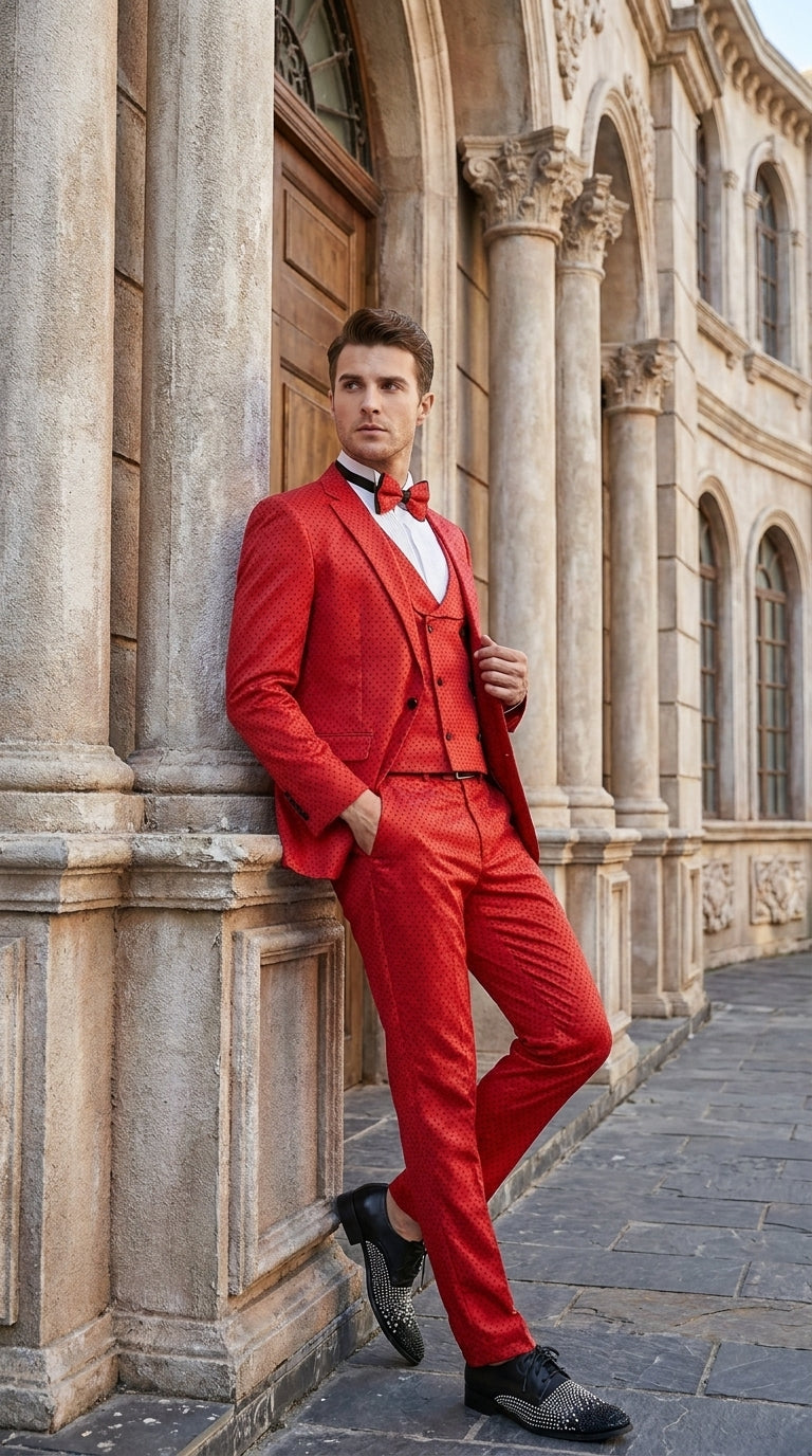 Tazio Men’s Cherry Red and Black  Polka-Dot 3-Piece Suit – Skinny Fit Prom, Wedding and Party Suit or Tuxedo - 34 Short or Extra Small