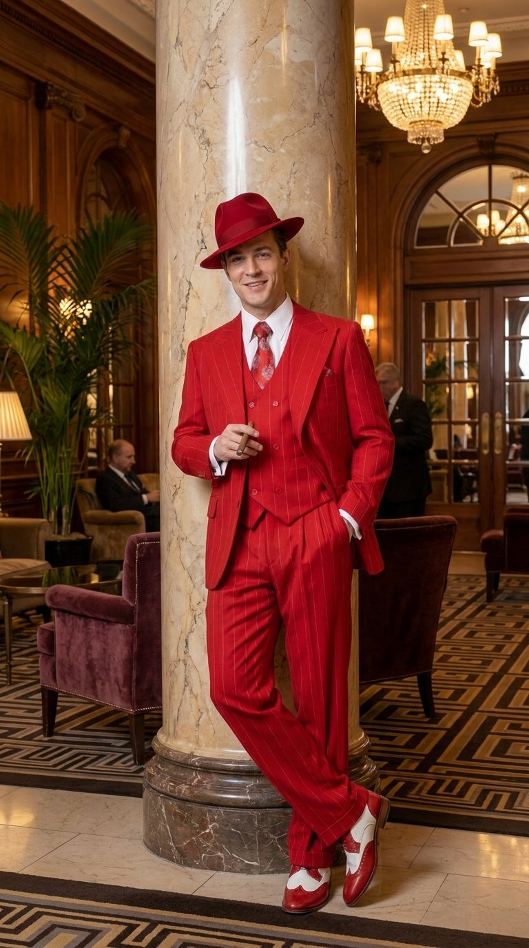 1920s Christmas Holiday Gangster Men’s Red Pinstripe 3-Piece Suit – Peak Lapel Classic Fit Pleated Pants - 34 Short or Extra Small