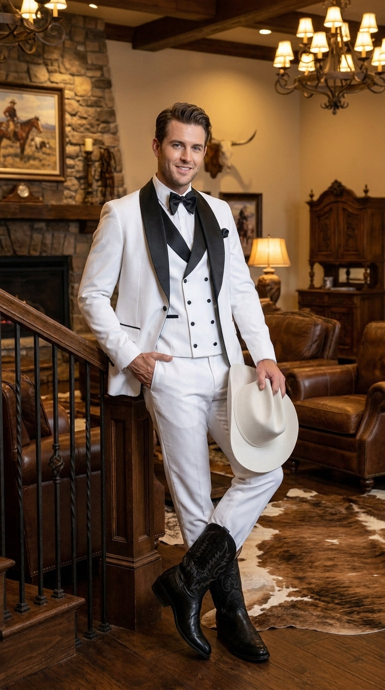 Men’s White and Black Western Wedding Tuxedo – Cowboy Style 3-Piece Traje para Boda with Double-Breasted Vest - 34 Short or Extra Small