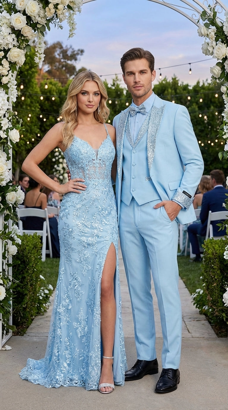 Men’s Light Blue Suit with Silver Glitter Lapel – Light Blue Formal Tuxedo Suit for Prom, Wedding and Special Occasion Wear in Sky Baby Blue - 34 Short or Extra Small