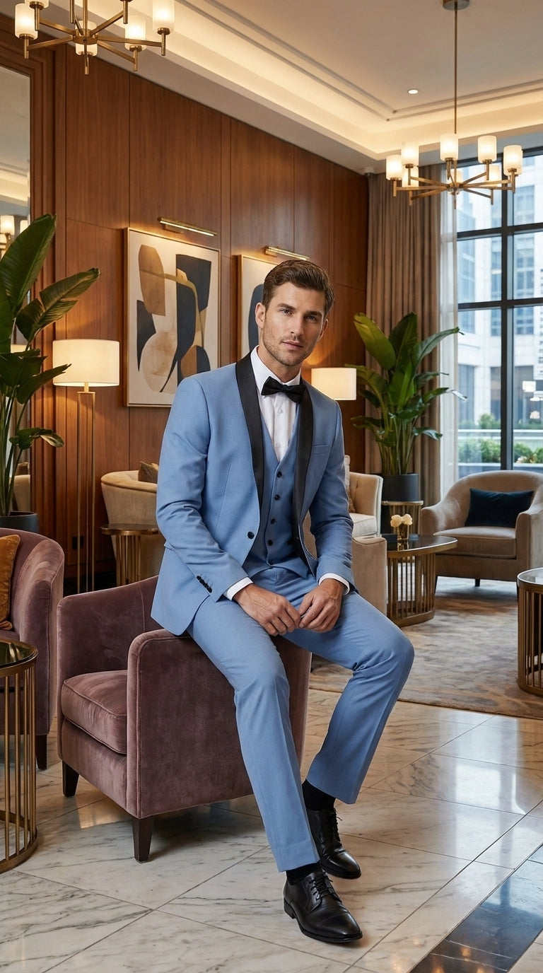 Men’s Powder Blue 3 Piece Tuxedo Suit – Light Blue Shawl Lapel Wedding Prom Suit with Vest - 34 Short or Extra Small