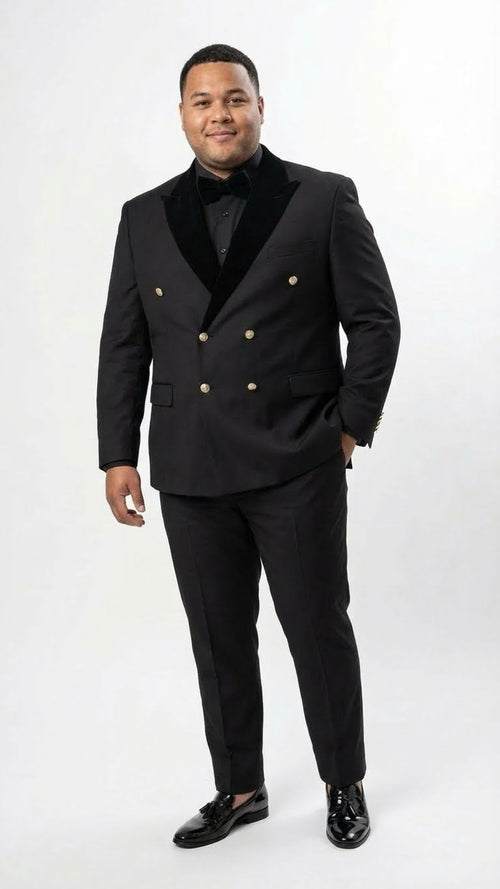 Mens Black Double Breasted Tuxedo Suit Luxury Formal Dinner Jacket Gold Buttons Velvet Lapel