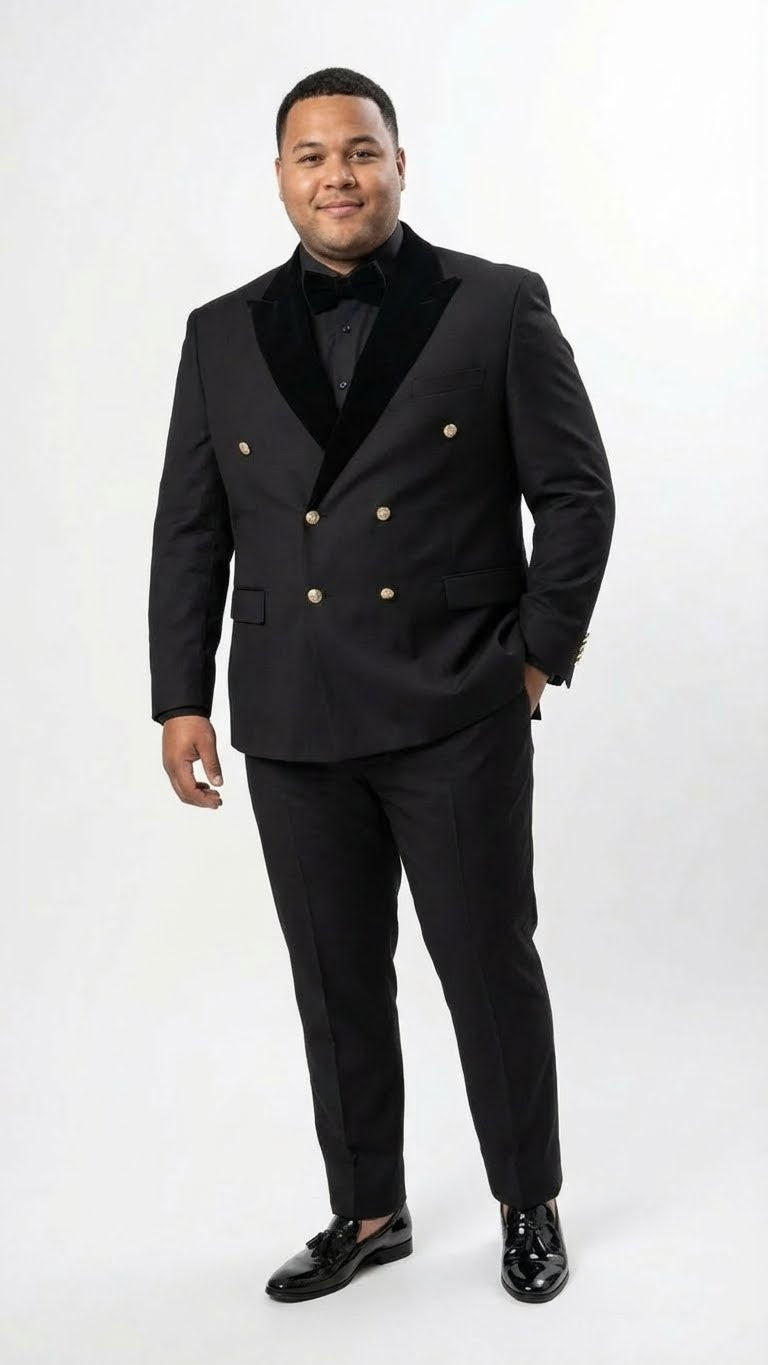 Men’s Black Double Breasted Tuxedo Suit – Luxury Formal Dinner Jacket Gold Buttons Velvet Lapel - 34 Short or Extra Small