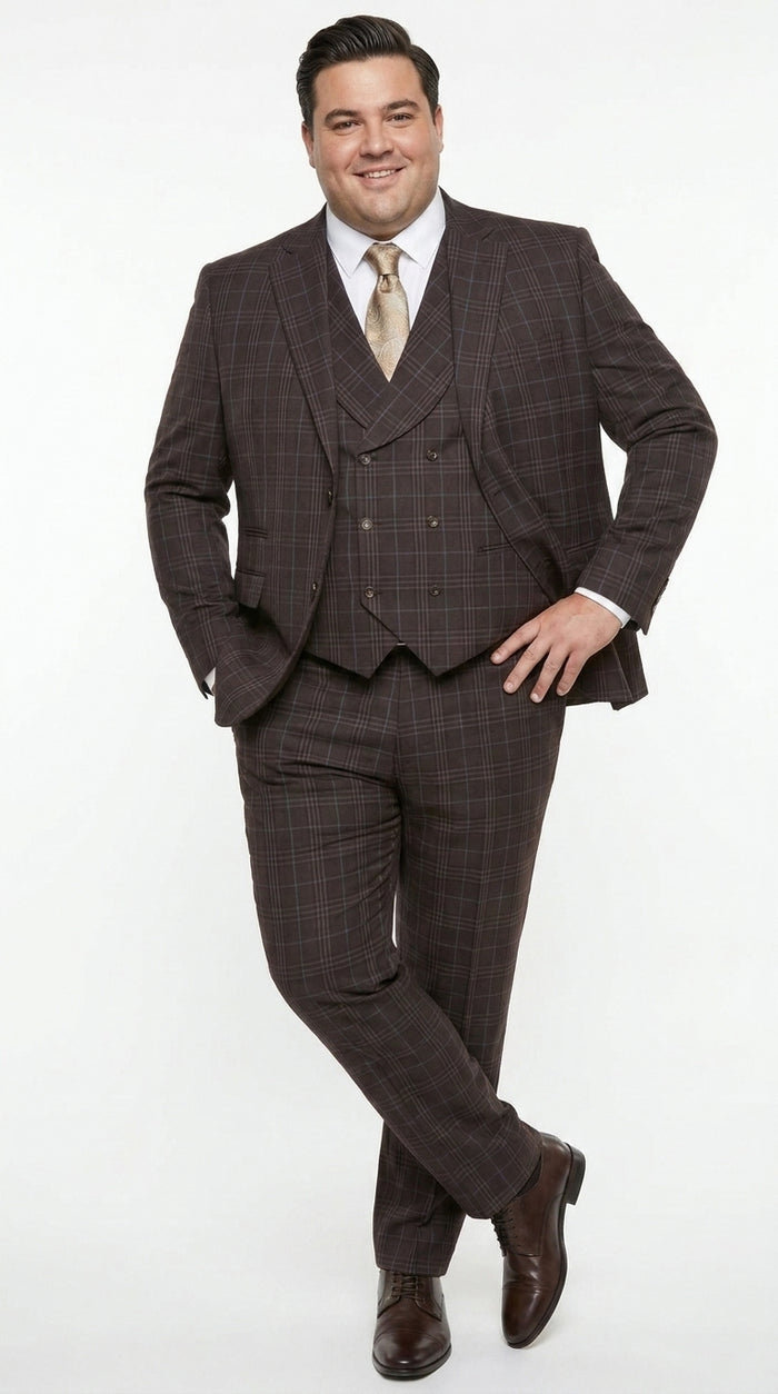 Men’s Vitali 3PC Suit – Choclate Brown and blue Plaid Check 3-Piece Suit with Double-Breasted Vest Modern Fit Side Vented