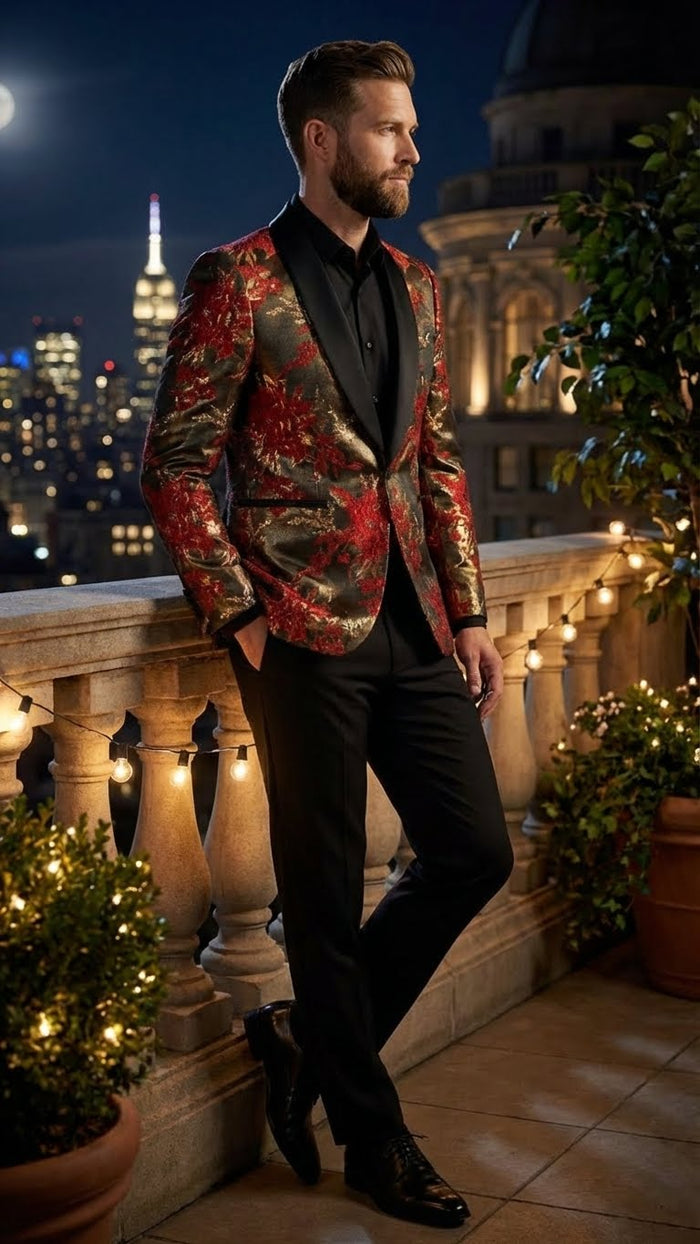 Mens Red and Gold Floral Pattern Paisley  Shawl Lapel | Luxury Evening and Party Wear Jacket Prom Christmas New Year Blazer