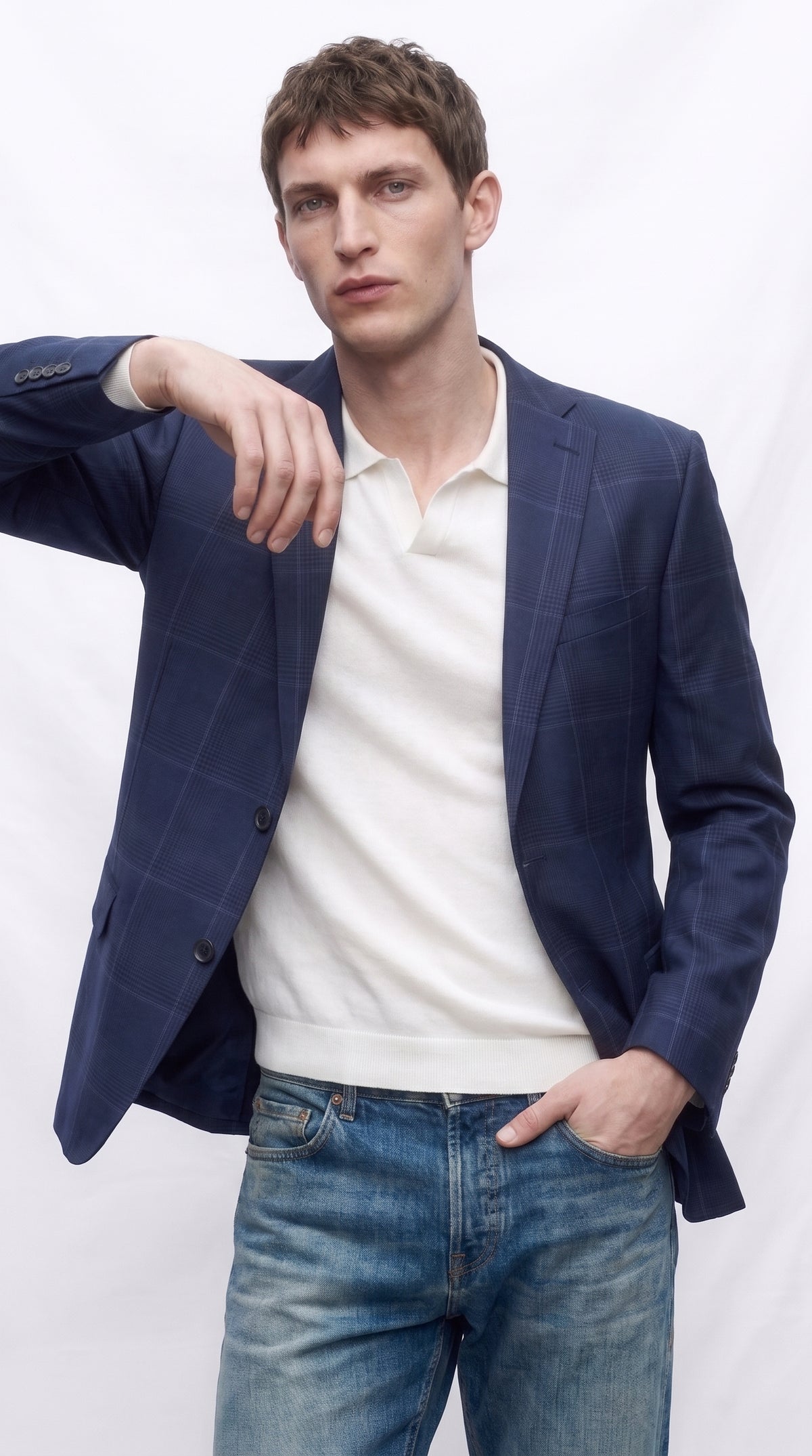 Men’s Navy Blue Plaid Wool Blazer – English Style Textured Wool Winter Sport Coat Windowpane pattern