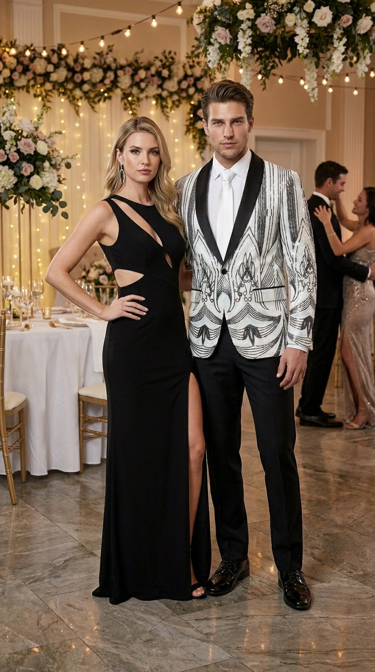 Men’s White and Black Patterned Tuxedo Blazer – Luxury Designer Dinner Jacket for Wedding, Prom and Formal Events New Year Christmas Holiday - 36 Short