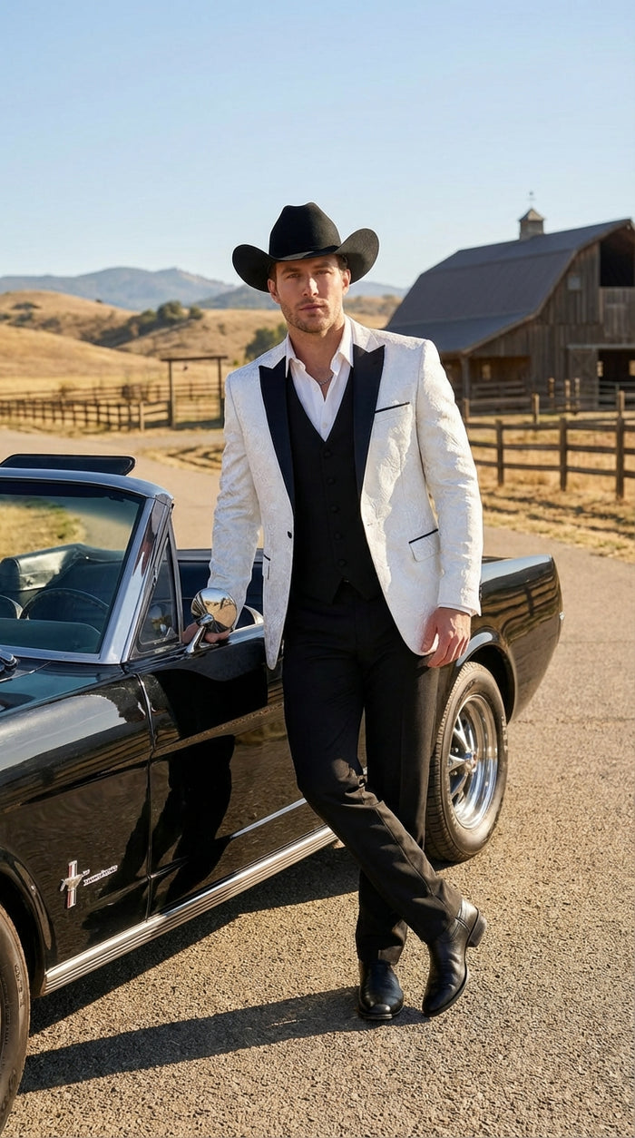 Mens White Paisley Cowboy Tuxedo with Black Satin Lapel – Western Formal Wedding Suit Jacket