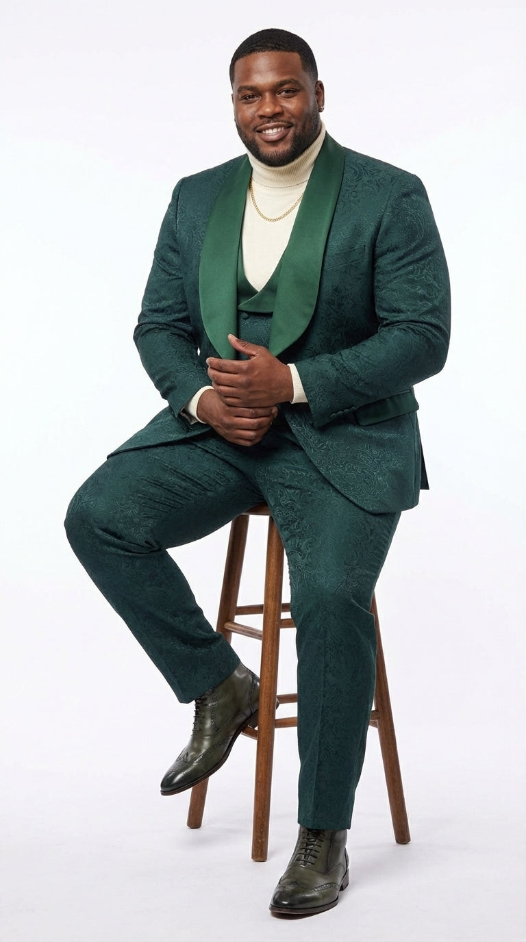 Mens Hunter Green Wedding Tuxedo Suit – Paisley Pattern Three Piece Formal Suit Set with Shawl Lapel for Groom, Prom in Emerald green - 34 Short or Extra Small