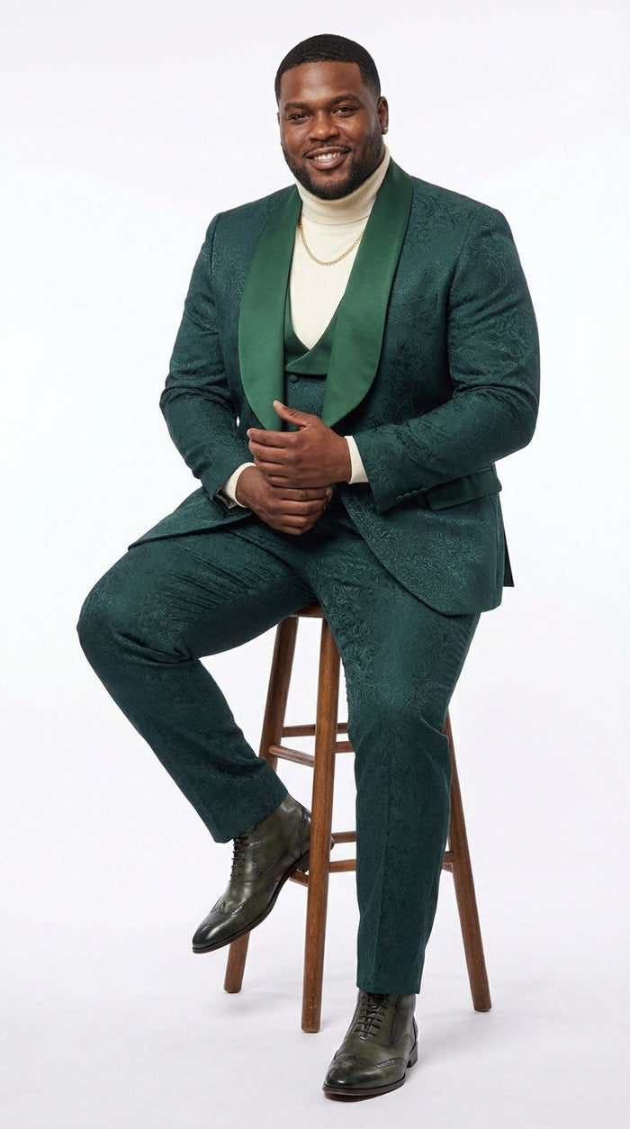 Mens Hunter Green Wedding Tuxedo Suit – Paisley Pattern Three Piece Formal Suit Set with Shawl Lapel for Groom, Prom in Emerald green