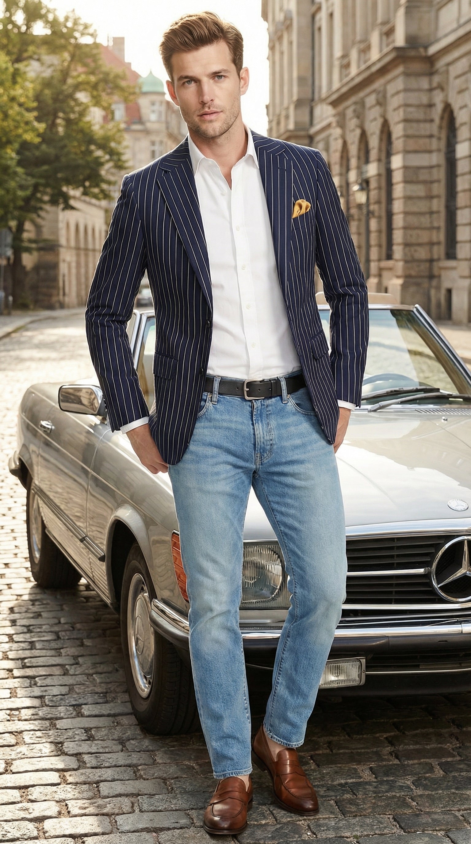 Mens Navy Blue Pinstripe Blazer Classic Tailored Formal Jacket for Business, Office and Smart Casual Wear