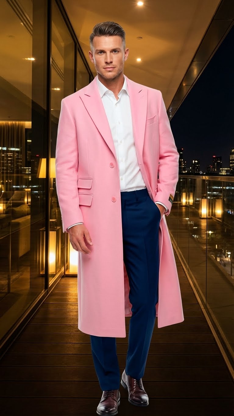Men’s Pink Wool Blend Long Overcoat – Slim Fit Tailored Winter Coat - Carcoat - Topcoat - Coat Size 38