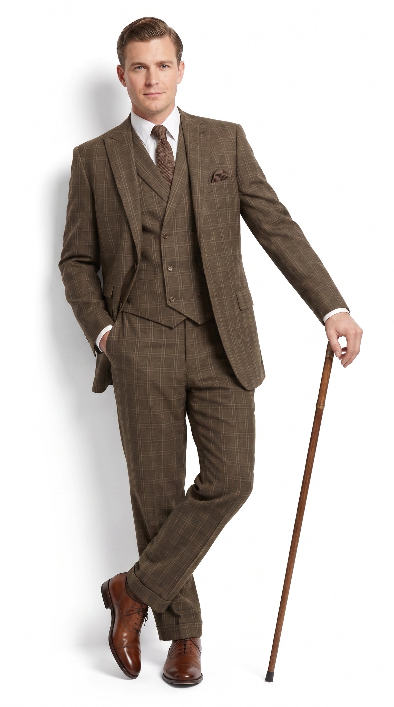 Men’s 1930s Brown Plaid 3 Piece Suit, Vintage Formal Wedding Business Dress Suit Set - 34 Short or Extra Small