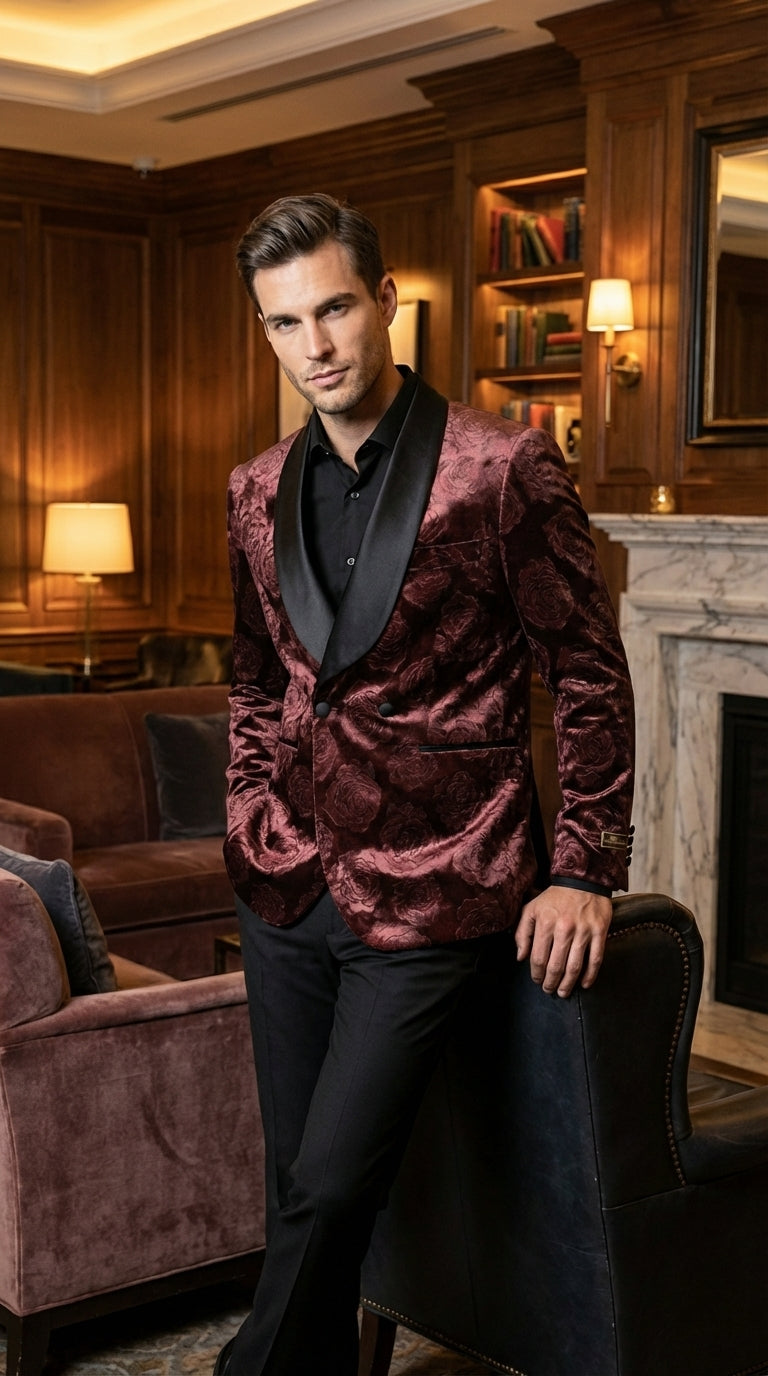 Mens Rust Copper Brick color Floral Jacquard Pasiley Blazer – Pattern Dinner Jacket with Black Shawl Lapel for Formal dinners and Wedding - 36 Short