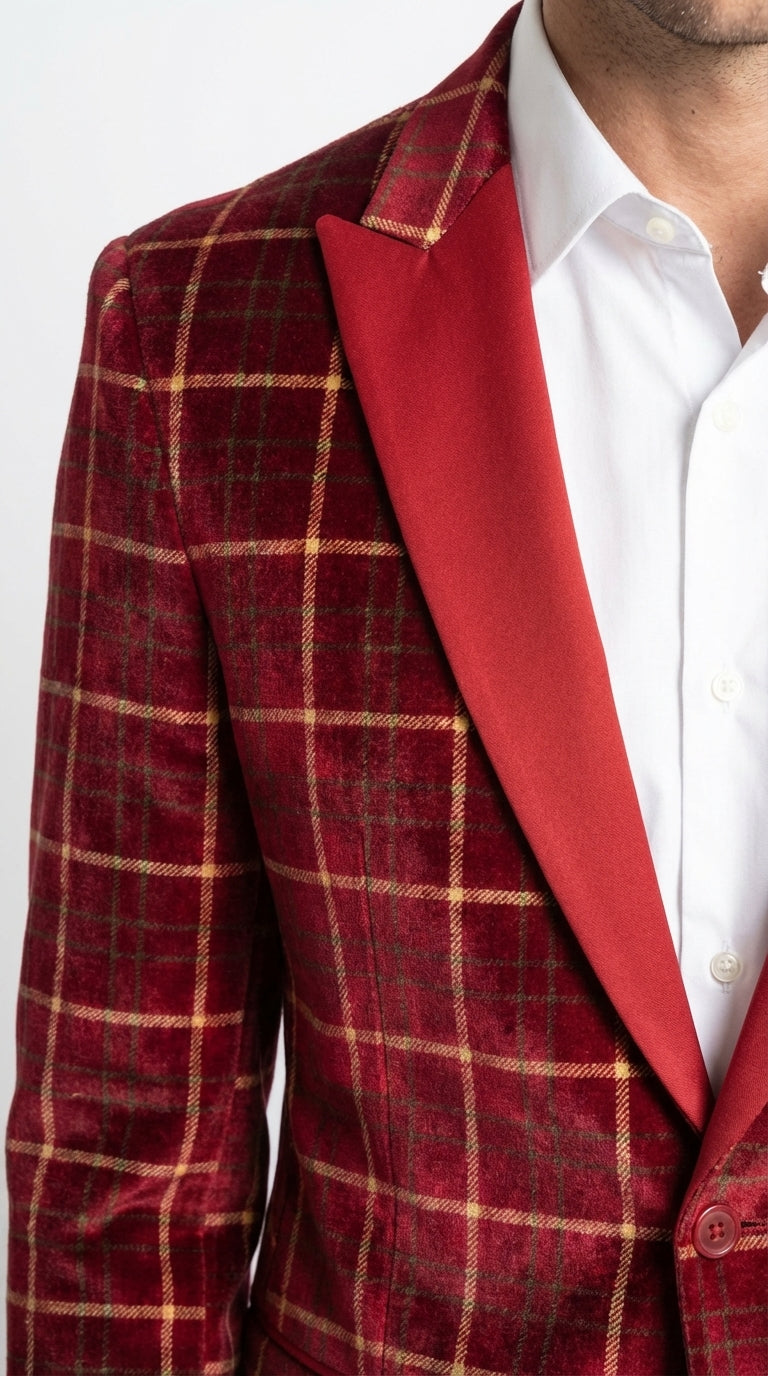 Mens Red Burgundy Plaid Blazer with Contrast Lapel – Velvet Fabric Check Prom Blazer Jacket for Party, Christmas New Year Holiday Jacket - 36 Short