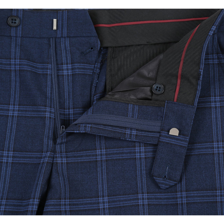"Dark Navy Slim Fit Men's Suit - Two Button Stretch, Wide Windowpane Plaid"