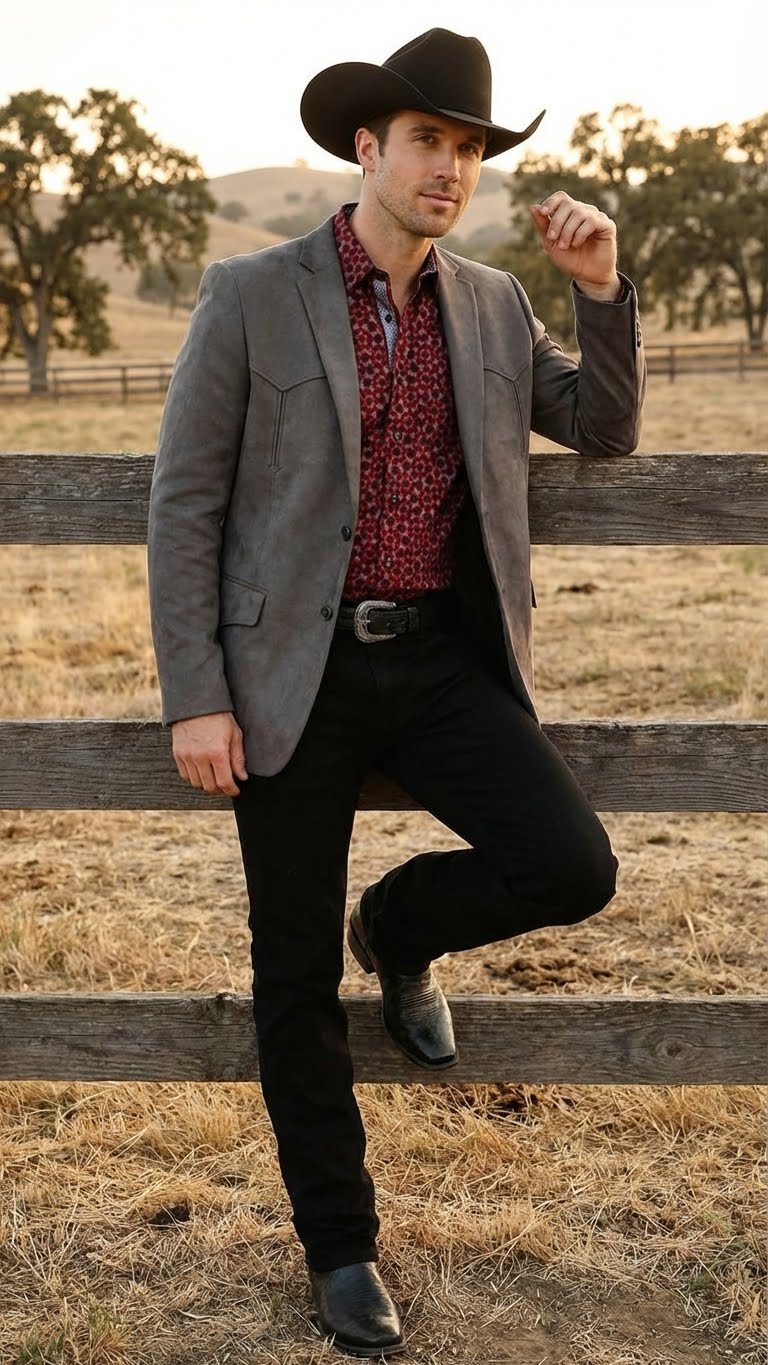 Mens Charcoal Gray Western Faux Suede Blazer Double Button Cowboy Jacket for Wedding & Party Wear - 36 Short