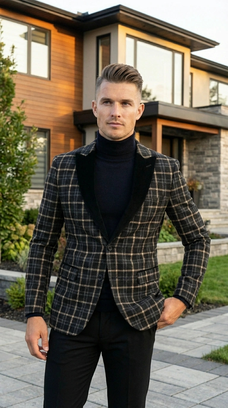 Mens Tartan Black and Gold Check Blazer – Windowpane Plaid Sport Coat Velvet Lapel Formal Party Jacket Chirsitmas New Year Holiday Jacket - 36 Short