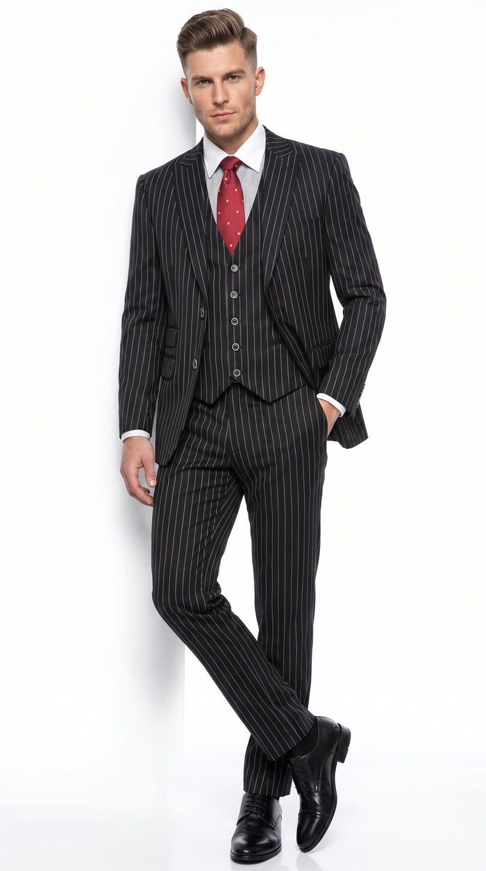 Men’s Black Skeleton Bone Pinstripe 3 Piece Suit – Gangster Style Striped Suit with Vest