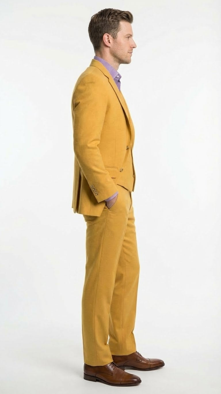 Men’s Mustard Yellow Three Piece Suit | 2 Button Notch Lapel Modern Fit in Gold Color - Church Suit - 34 Short or Extra Small