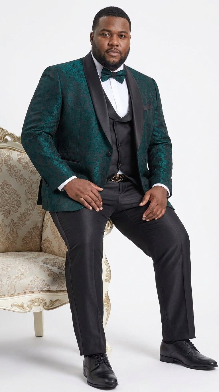 Tazzio Men’s Hunter Green & Black Paisley Tuxedo – Skinny Fit Shawl Collar 3-Piece Prom and Wedding Suit - 34 Short or Extra Small
