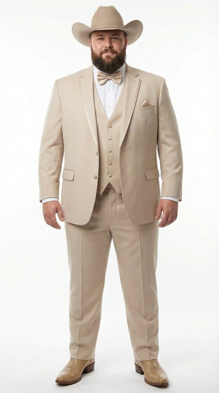 Mens Beige Tan Khaki CowboyTuxedo Suit Western Formal Three Piece Suit with Jacket Vest and Pants