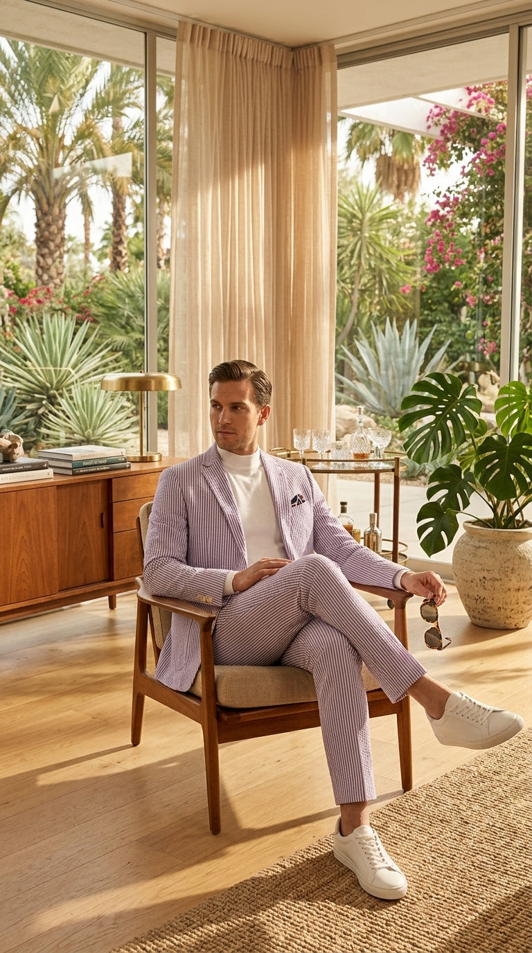 Men’s Lavender Seersucker 2 Piece Suit, Lightweight Summer Blazer and Pants Set for Weddings, Parties, Prom, and summer fabric - 34 Short or Extra Small