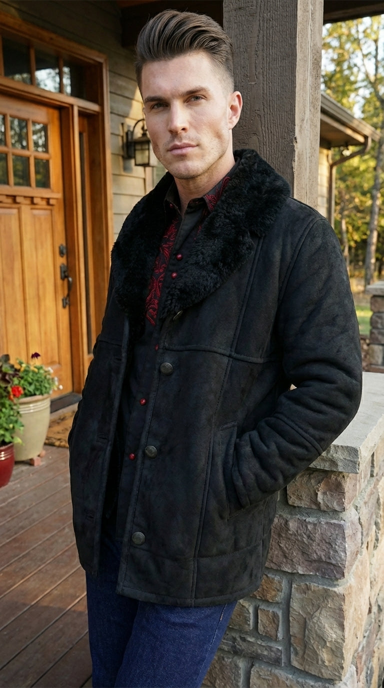 Men’s Black Sheepskin Leather Jacket Cowboy – Warm Faux Fur Collar Coat, Winter Long Jacket, Casual Western Style Outerwear - S