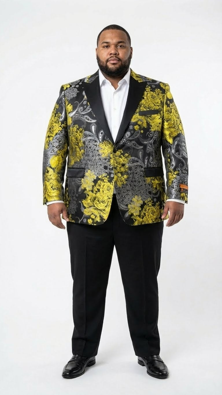 Men’s Yellow Tuxedo Black and Gold Floral Pattern Blazer | Formal Jacket - Prom Dinner Jacket + Black Pants + Bowtie - 36 Short