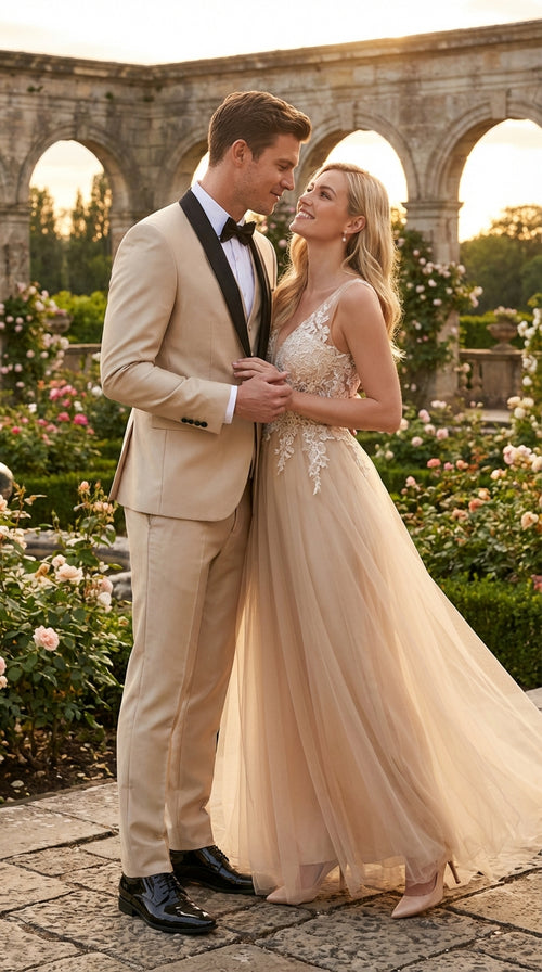 Mens Champagne Beige Shiny Tuxedo 3 Piece Suit with Black Shawl Lapel | Formal Wedding Prom Suit Set in Sand Light Tan Color