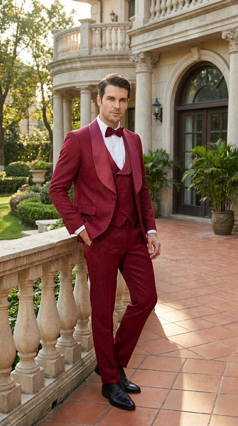 Mens Burgundy Wedding Tuxedo Suit – Paisley Three Piece Formal Suit Set with Shawl Lapel for Groom, Prom - 34 Short or Extra Small