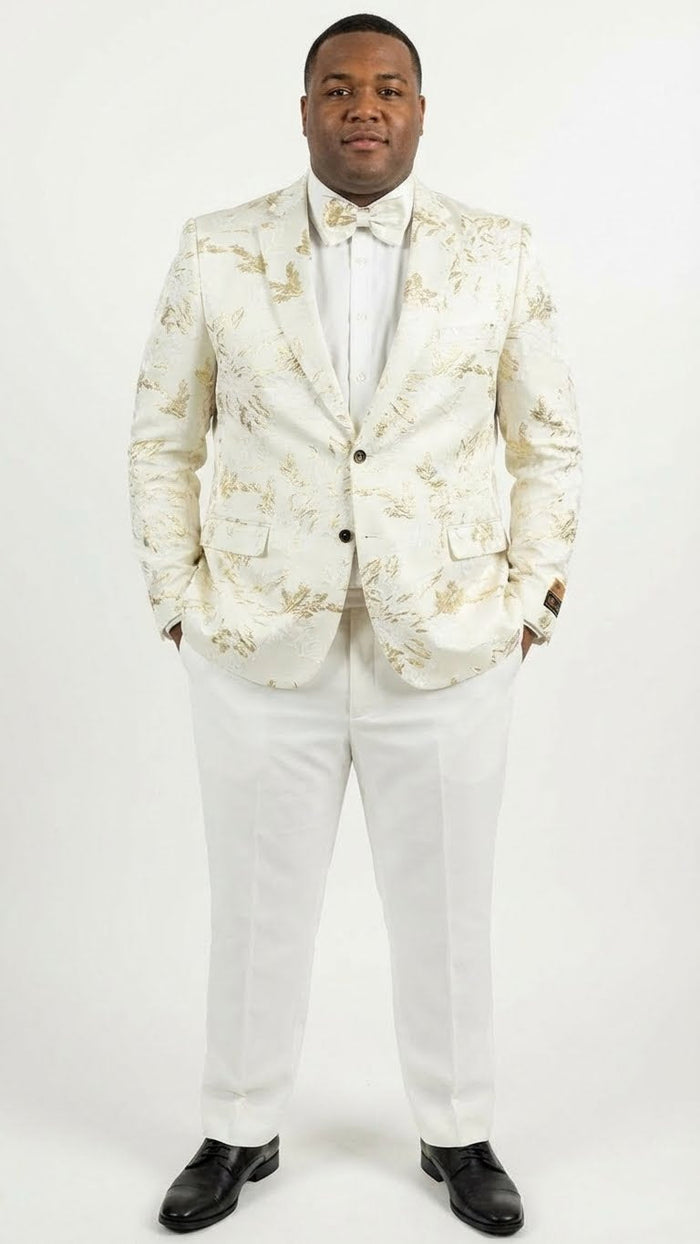 Mens White and Gold Patterned Blazer Paisley Floral Pattern Prom Wedding Suit Tuxedo Dinner Jacket + Bowtie